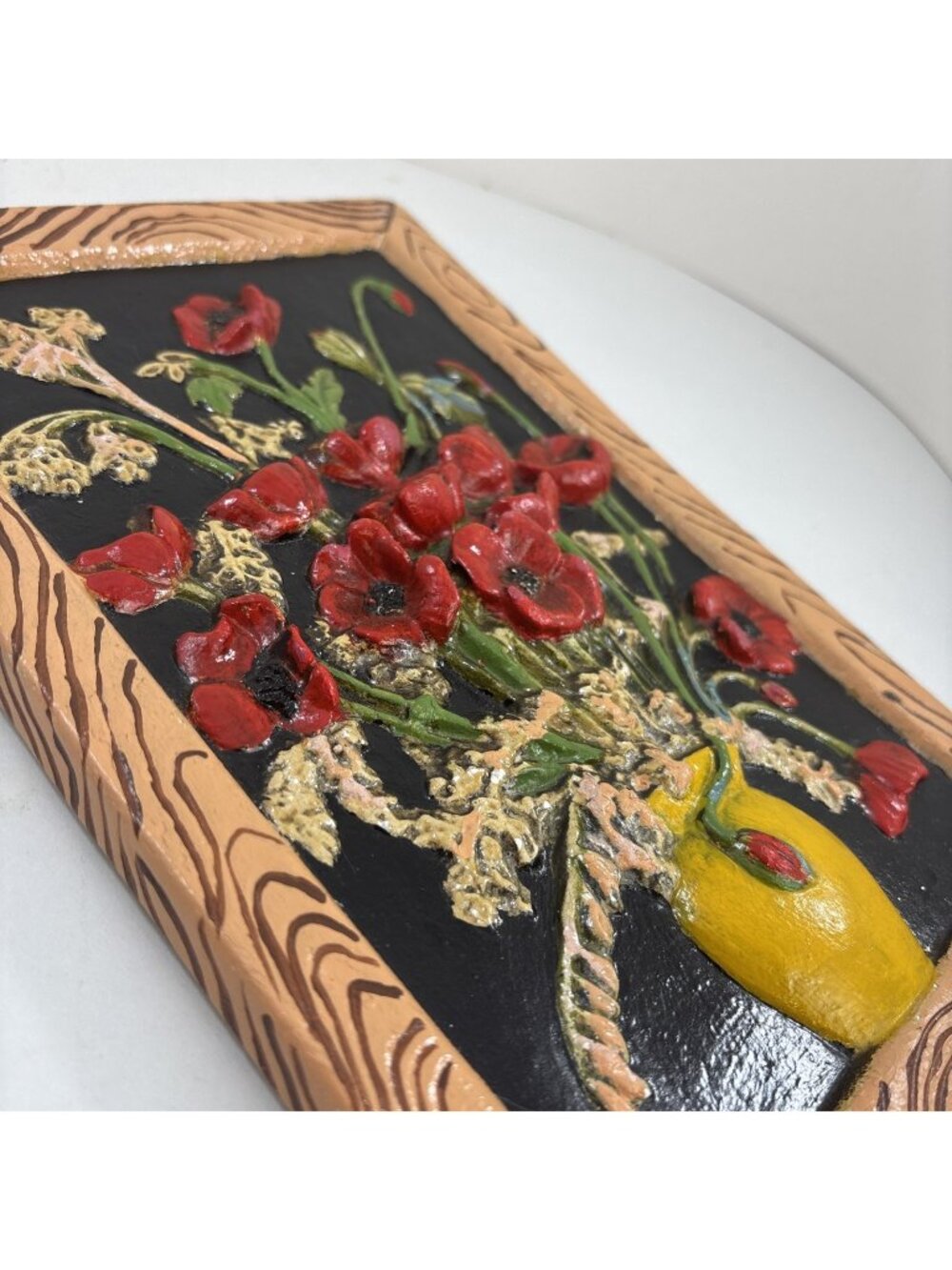 Vintage 3D chalkware wall plaque featuring a floral bouquet With Chalkware Frame